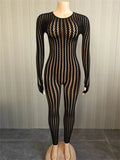 Hottie See Through Jumpsuit Women O-Neck Irregular Stripe Patchwork Jacquard Hollow Sexy Street Stretch Slim Overall