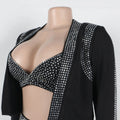 Sexy Dance Set Black Rhinestone Bikini Jacket Women Glitter Costume Nightclub Club Party Show Outfit  3 Piece Sets Outfits