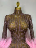 Women Luxury Birthday Dress Rhinestones Mesh Feathers Bodycon Mini Celebrity Evening Club Party Dress Nightclub Stage Outfit