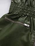 Simpel Basics Patchwork Belt Leather Jacekt for Women Lapel Long Sleeve Spliced Zippers Casual Office Coats Female
