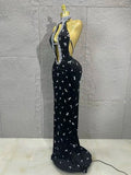 Sparkly Silver Crystal Studded Deep Cut Bodycon Satin Long Prom Gown Nightclub Dress