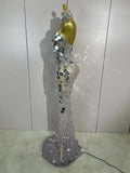 Sexy Silver Sparkly Round Sequin Pearl Women Backless Floor Length Dress Celebrate Birthday Evening Party Bar Queen Drag Costume