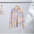 Women Rainbow Stripe Hooded Knit Cardigan Zip Front Drop Shoulder Side Pocket Loose Jacket Multicolor Textured Casual Daily Wear