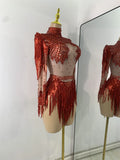 Women Sexy Long Sleeve Spandex Beading Tassels Skiny Bodysuit Performance Dance Costume Nightclub Party Outfit