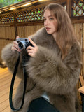 Women's Faux Fox Fur Coat Long Sleeve Lapel Collar Fluffy Thick Warm Short Mid Fall Winter Daily Street Fashion Outerwear 2026