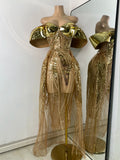 Flashing Gold Long Party Dress Luxury Diamonds Sequins See Thourgh Birthday Gown Sexy Off Shoulder Performance Singer Costume