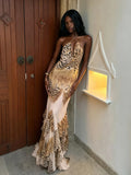 Sexy Fashion Long Dress Woman Leopard Print Lace-Up Halter Backless Sleeveless Shape Waist Ruffles Elegant Vestidos