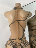 High Street Mesh Spider Web Tight Jumpsuit Performance Dance Costume Luxury Rhinestones Nightclub Bar Stage Leotard