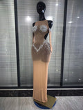 Women Sexy Off the Shoulder Mesh See Through Shining Rhinestone Bodycon Long Dress Gloves Celebrate Evening Party Cocktail Wear