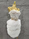 Glamorous White Lace Strapless Tops Ruffles Mini Skirt 2 PCS Set Women Evening Party Nightclub Singer Stage Performance