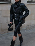 Black Slimming Leather Jacket for Women Lapel Long Sleeve Patchwork Double Breasted Fashionable Coat Female Autumn