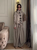 Women 2026 Spring Chinese Style Two Piece Outfit Mandarin Collar Frog Button Oversized Top High Waist Wide Leg Pants Set
