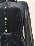 Elegant Patchwork Beading Formal Party Dresses for Women O Neck Long Sleeve Spliced Sheer Mesh Midi Dress Female Clothing