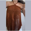 Fashion Knit Tassels Women's Cropped Vest Hollow Out Halter Sleeveless Backless Beach Tops 2026 Summer Lady Chic All-match Top