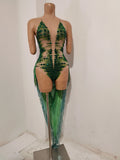 Luxurious Green Rhinestone Sheer Bodysuit Tassel Tail Ideal for Clubbing Festivals and Special Occasions Stage Performance