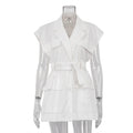 Summer Sleeveless Work Shirt Multi-Pocket Belted Loose Top For Women Lapel Collar Button Fashion Solid Color Cardigan Top