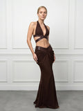 Women Metallic Trim 2 Piece Set Halter Deep V Cutout Crop Top High Waist Ruched Draped Mermaid Skirt Suit Lady Evening Outfit