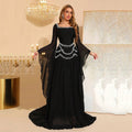 Beaded Spliced Folds Temperament Dresses For Women Square Collar Extra-Long Sleeves Patchwork Dress Female Clothing