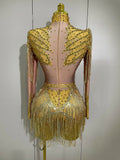 Women Sparkly Rhinestone Sequin Tassel Stretch Bodysuits 2025 New Arrival Birthday Party Nightclub Dj Stage Performance Costume