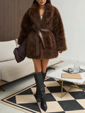 Luxury Faux Fur Shawl Lapel Midi Coat for Women Long Sleeve PU Leather Tie Waist Belt for Winter Daily Party Going Out Wear