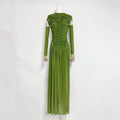 Solid Slim Fit Maxi Dress Elegant O-neck Detachable Long Sleeves Party Dress New Temperament Pleated Women Maxi Dresses