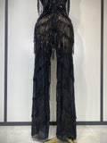 Women Sparkly Glod Rhinestones Sequined Fringe Jumpsuit Sexy Nightclub Party Birthday Outfit Show Singer Stage Perform Costume