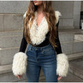 White Faux Curly Fur Bodysuit Women Chic Solid Deep V Long Fluffy Sleeves Shorts Bodysuit 2026 Lady Party Street Matching Suit