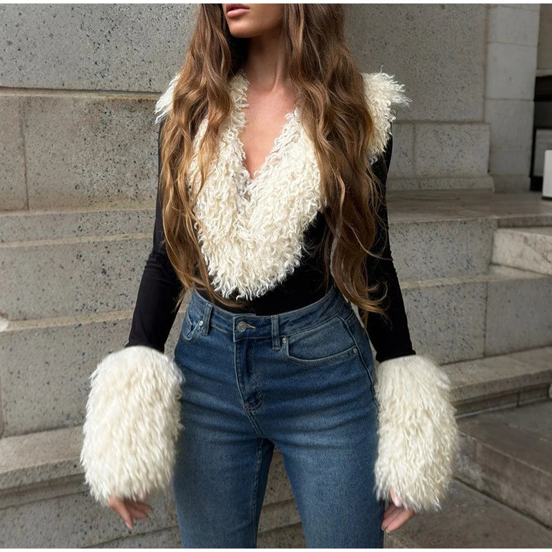 White Faux Curly Fur Bodysuit Women Chic Solid Deep V Long Fluffy Sleeves Shorts Bodysuit 2026 Lady Party Street Matching Suit