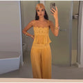 Elegant Lace Women Long Pant Set Square Neck Sheer Ruffle Hem Crop Cami Top High Waist Wide Leg Trousers 2026 Summer Chic Suit
