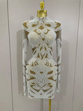 New High-end Elegant Evening Gown AB Rhinestones Pearls Luxury Long Sleeves Mesh Dress Women Cocktail Party Wedding Costume