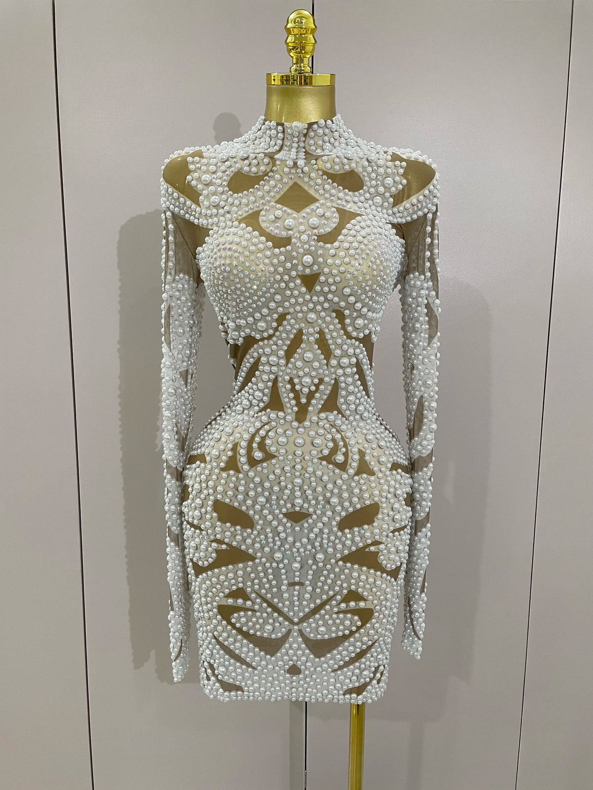 New High-end Elegant Evening Gown AB Rhinestones Pearls Luxury Long Sleeves Mesh Dress Women Cocktail Party Wedding Costume