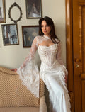 Flare Sleeves High Neck Mermaid Maxi Dress Corset Bodice Floral Lace Bridal Reception Long Train Formal Evening Gala 2026