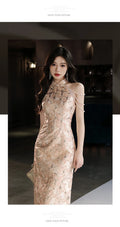 New Chinese Style Dress Halter Beads Qipao Sexy Evening Banquet Gown Women Sleeveless Robe De Soiree Bride Wedding Vestidos
