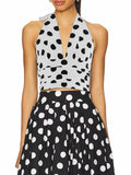 Beach Party Two Piece Set for Women Halter Neck Sleeveless Vest High Waist Polka Dot A Line Midi Skirt Suit Female