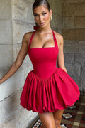 Elegant Red Backless Corset Halter Mini Dress Women Puff Hem Short Dresses Summer Evening Party Birthday Wedding Guest Cocktail