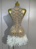 Luxury Nightclub Performance Dance Costume Nightclub Singer Stage Wear Women Sexy Shiny Crystal Feathers Hollow Out Mini Dress