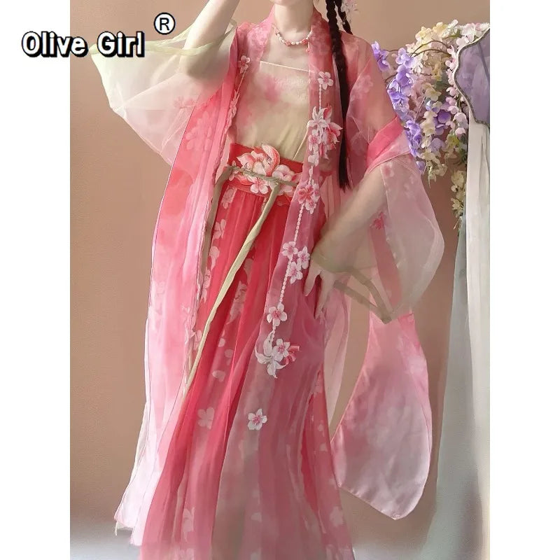 Olive Girl Red Embroidered Hanfu Dress for Ren Faire 2026 Garden Wedding Fairycore Photoshoot S-L XS-3XL Plus Size Embroidered Flowing Sleeve Romantic Cottagecore Editorial Not Costume Ren Faire Dress Chinese Heritage Fashion Women