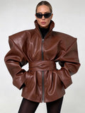 Streetwear Faux Leather Jacket for Women High Neck Zip Front Shoulder Pad Belted Waist Oversized for Autumn Outfits