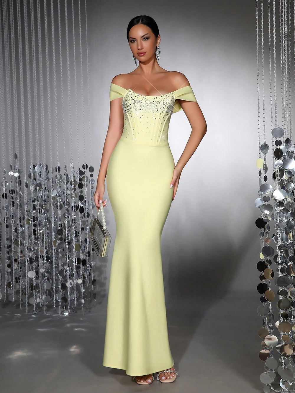 Elegant Banquet Party Gowns Bandage Women's Diamond Sleeveless Off Shoulder Tight Long Dress Solid Celebrity Evening Club