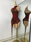 Sparkly Rhinestone Shining Women Sexy Bodycon See Through Irregular Hem Mini Dress Birthday Party Performance Costume