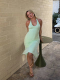Women Mint Green Halter Bodycon Mini Dress Chic Sleeveless V Neck Backless Party Summer Beach Vacation Cocktail Evening Outfit