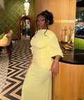 Chic Yellow Backless Lace Up Slit Dress Women Pleated Half Sleeved Waist Cinched Dresses Lady 2026 Spring New Evening Party Robe