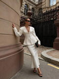 Women 2026 Spring Summer Blazer Two Piece Deep V Neck Peplum Waist Button Top Mermaid Long Skirt Commute Matching Set