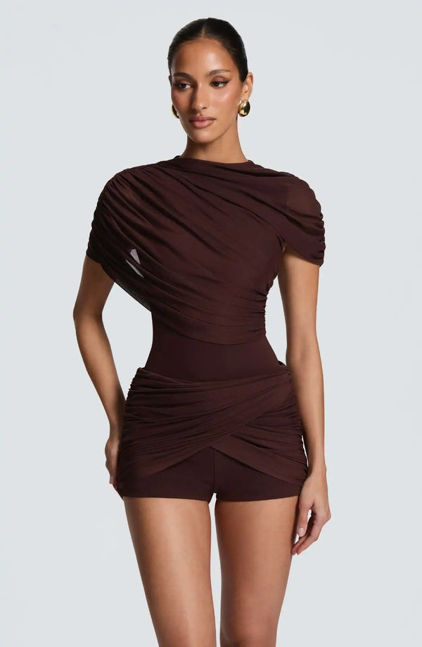Ladies Bodycon Mesh Ruched Romper Asymmetric Draped Shoulder Mock Neck Short Jumpsuit Slim Fit Wrap Hem Cocktail And Clubwear
