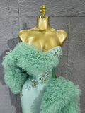 Sexy Mermaid Evening Dress Mint Green Fold Tulle Ruffle Train Rhinestone FoldFormal Gown For Women Pageant Performance Costume
