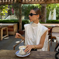 Romantic Dates White Dot Print Tank Top for Women Bow Neck Sleeveless Back Slit Design Slimming for Office Commute