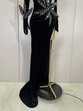 Shiny Diamond Velvet Sexy Side Slit Floor Length Dress With Gloves Women Chic Birthday Banquet Show Host Nightclub Stage Wear