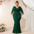 2026 Plus Size Luxury Green Evening Dresses Women Chiffon Sleeve Mermaid Formal Sequins Prom Wedding Party Cocktail Gowns