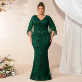 2026 Plus Size Luxury Green Evening Dresses Women Chiffon Sleeve Mermaid Formal Sequins Prom Wedding Party Cocktail Gowns