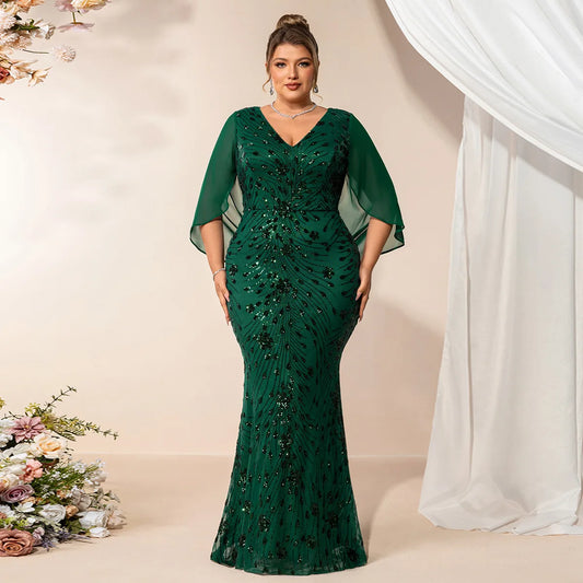 2026 Plus Size Luxury Green Evening Dresses Women Chiffon Sleeve Mermaid Formal Sequins Prom Wedding Party Cocktail Gowns